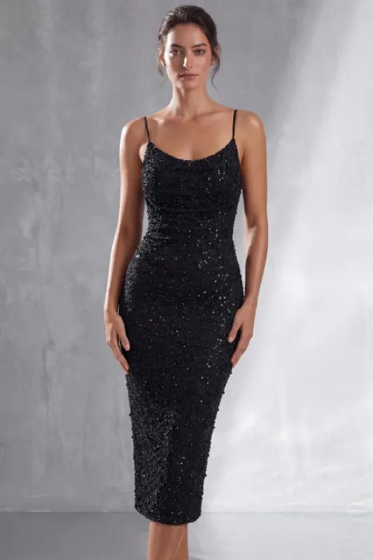 Sparkly Black Spaghetti Straps Sheath Midi Dress made by Zapaka