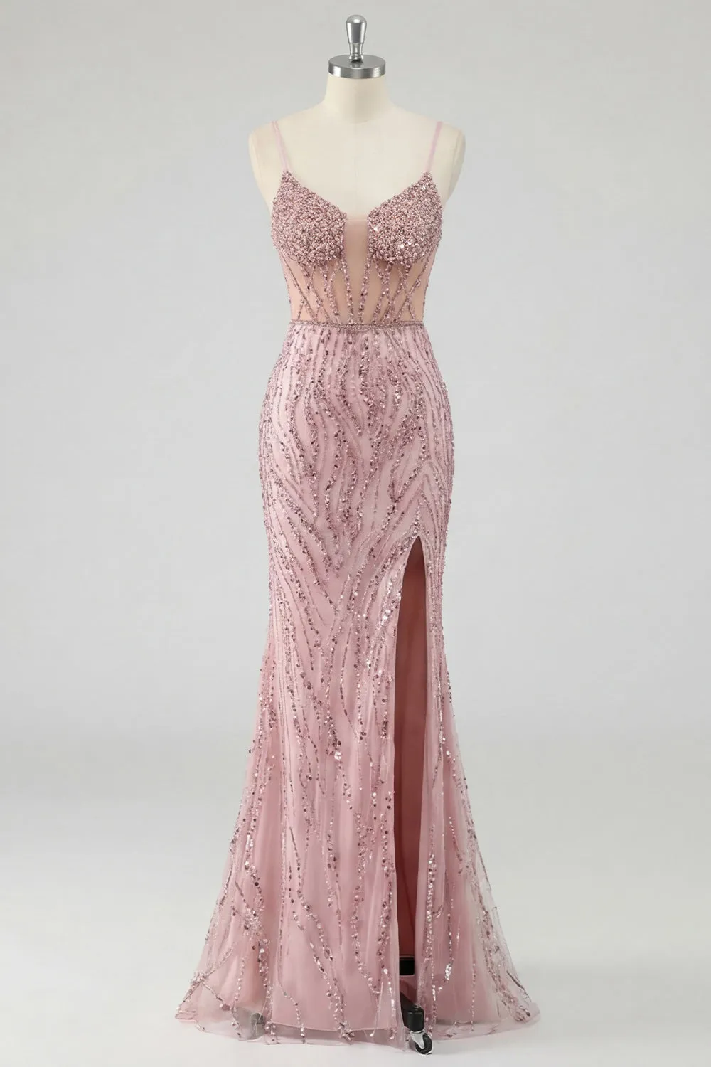 Sequin Blush Mermaid Corset Prom Dress with Slit sold by Zapaka product image thumbnail 5