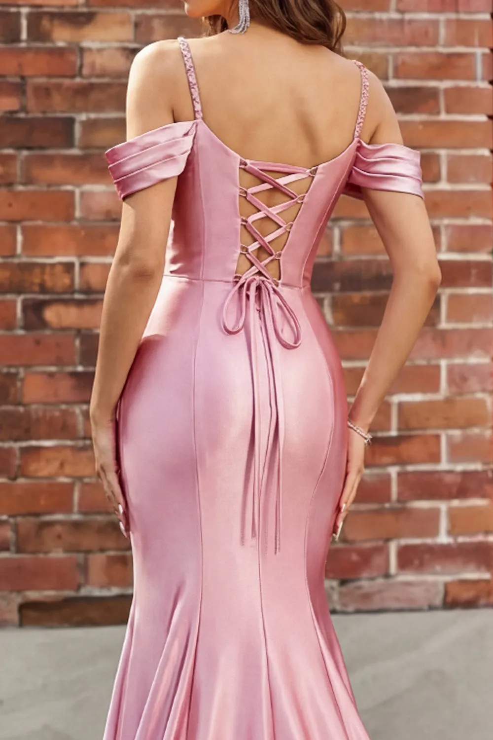 Blush Cold Shoulder Ruched Mermaid Satin Prom Dress sold by Zapaka product image thumbnail 4