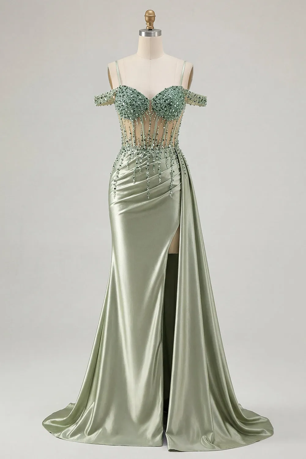Cold Shoulder Light Green Mermaid Sequin Corset Long Prom Dress with Slit sold by Zapaka product image thumbnail 3