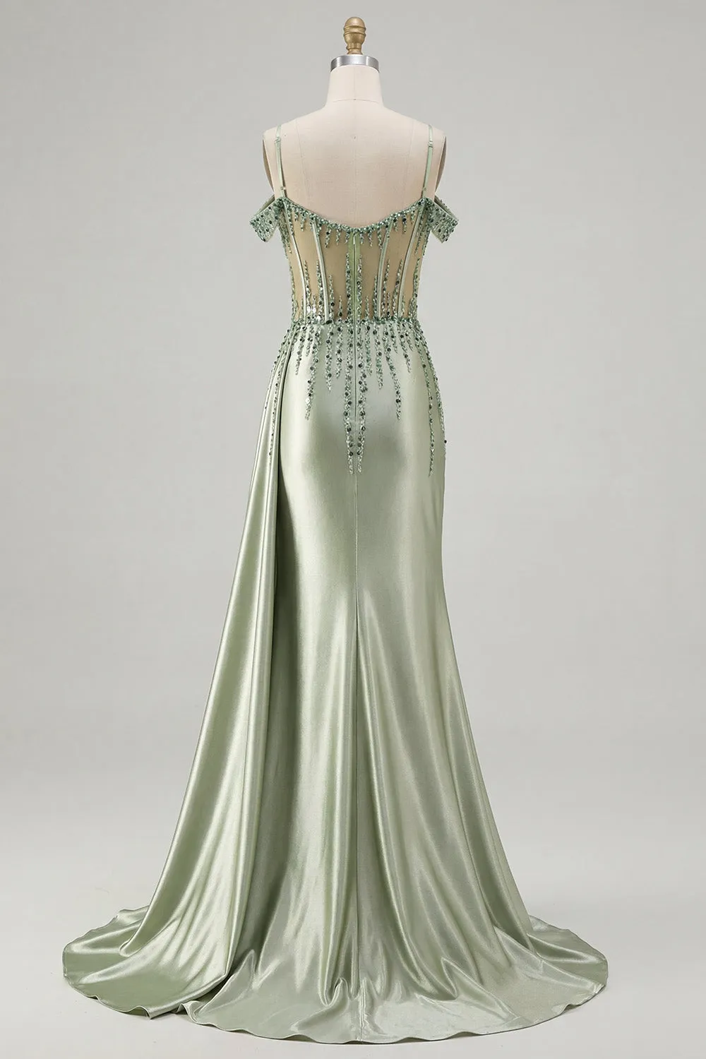 Cold Shoulder Light Green Mermaid Sequin Corset Long Prom Dress with Slit sold by Zapaka product image thumbnail 4