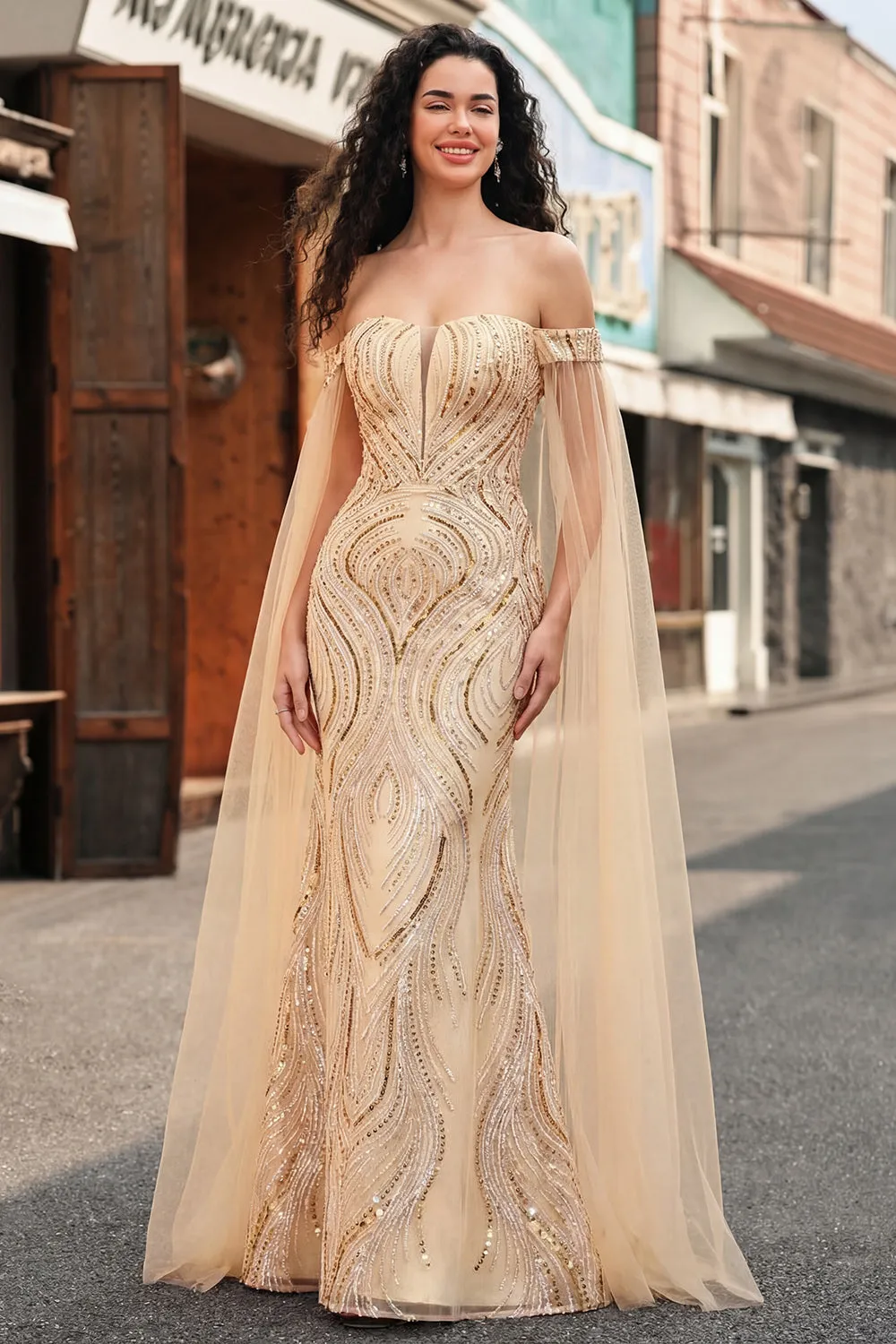 Off the Shoulder Mermaid Champagne Sequin Long Prom Dress with Cape Sleeves sold by Zapaka