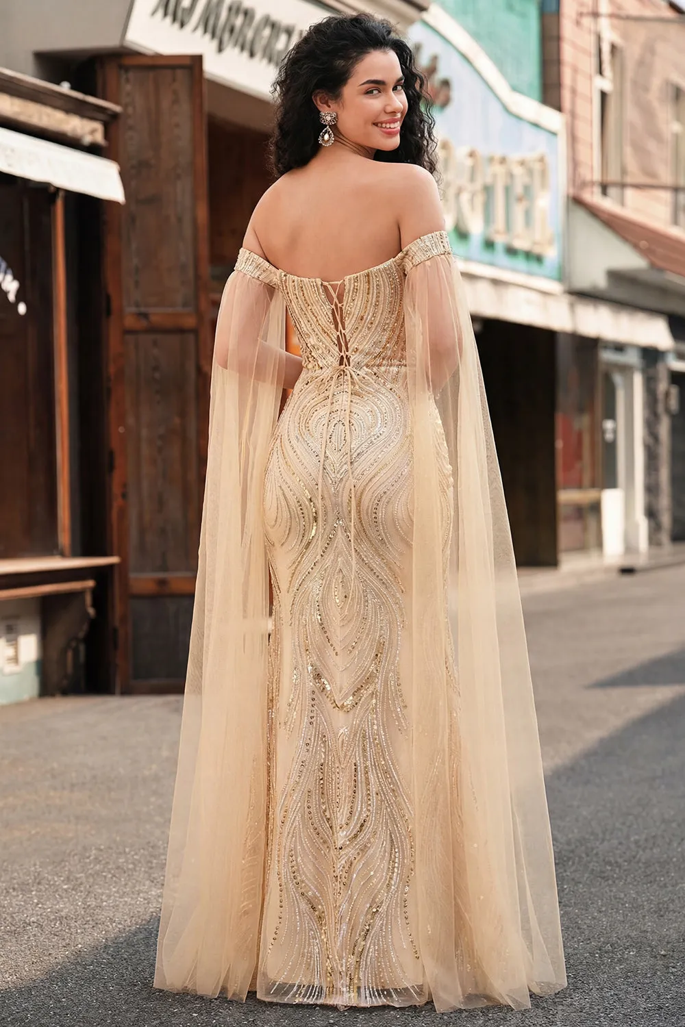 Off the Shoulder Mermaid Champagne Sequin Long Prom Dress with Cape Sleeves sold by Zapaka product image thumbnail 2