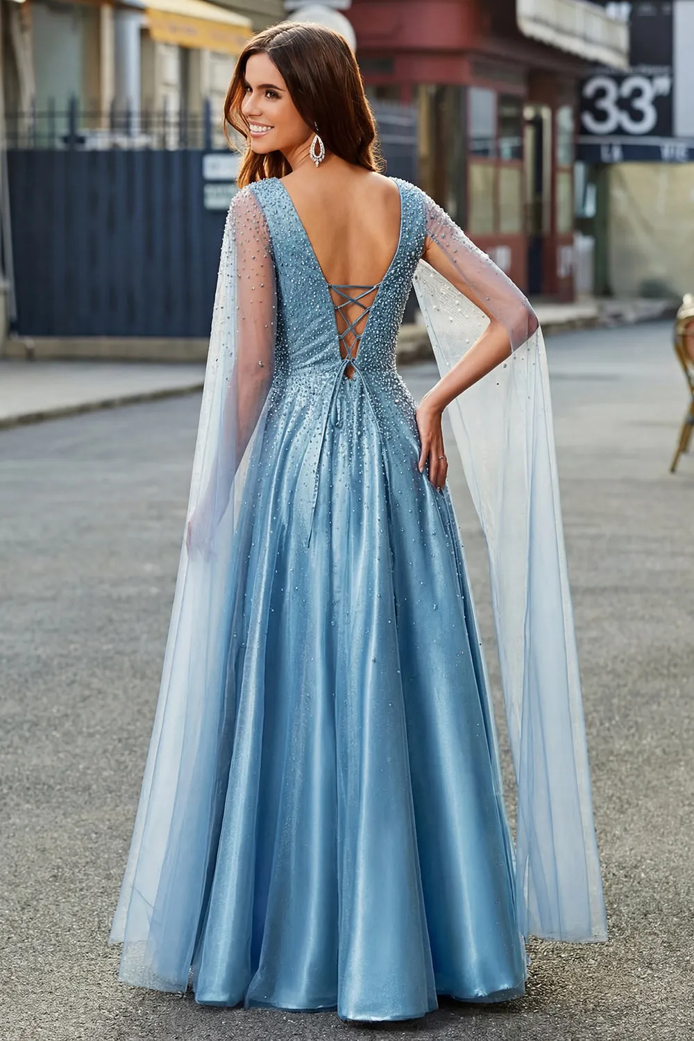 Sparkly Blue V-Neck A Line Prom Dress with Cape Sleeves sold by Zapaka product image thumbnail 2