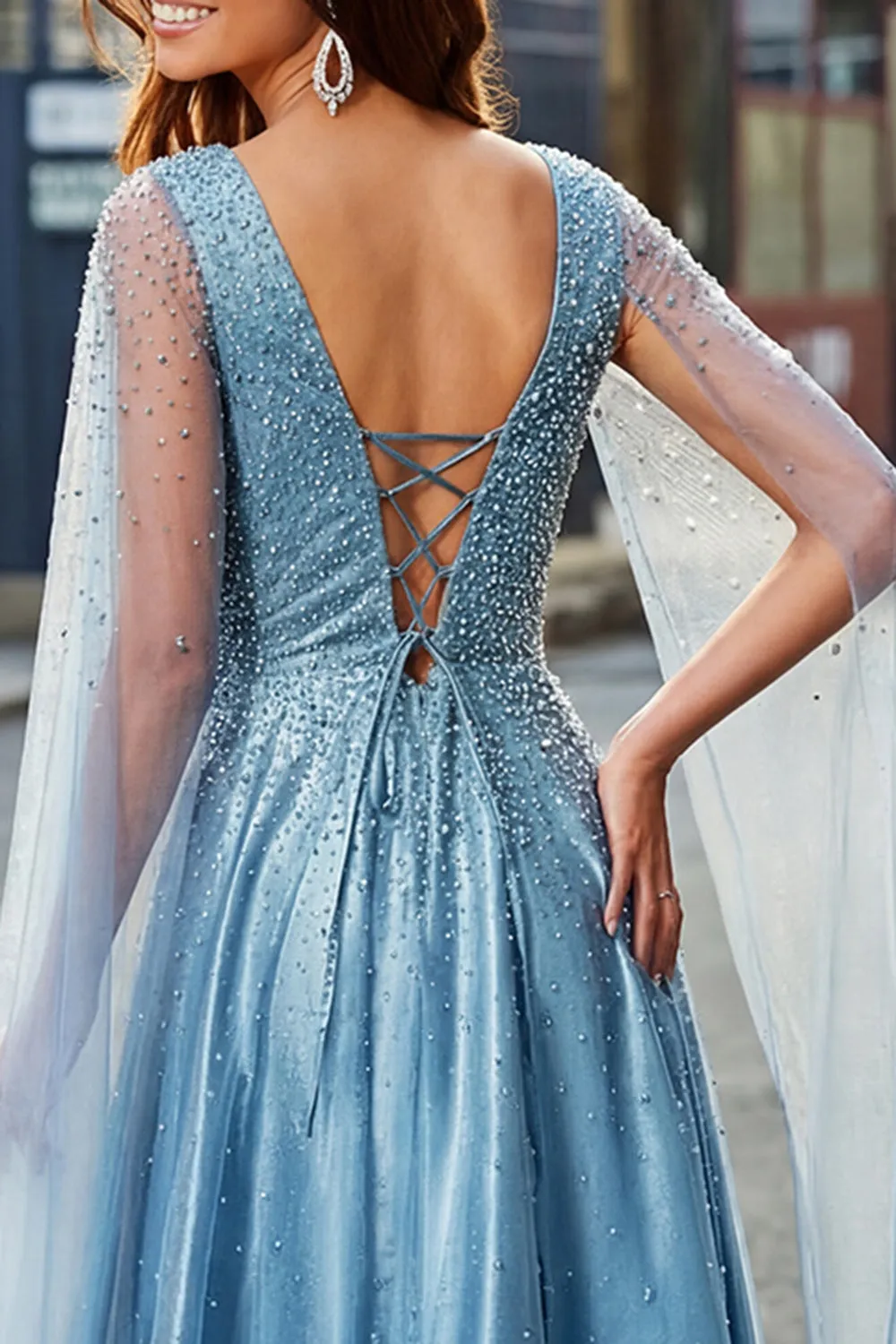 Sparkly Blue V-Neck A Line Prom Dress with Cape Sleeves sold by Zapaka product image thumbnail 4