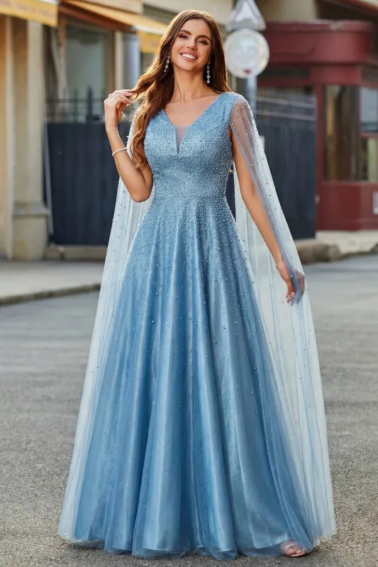 Sparkly Blue V-Neck A Line Prom Dress with Cape Sleeves made by Zapaka