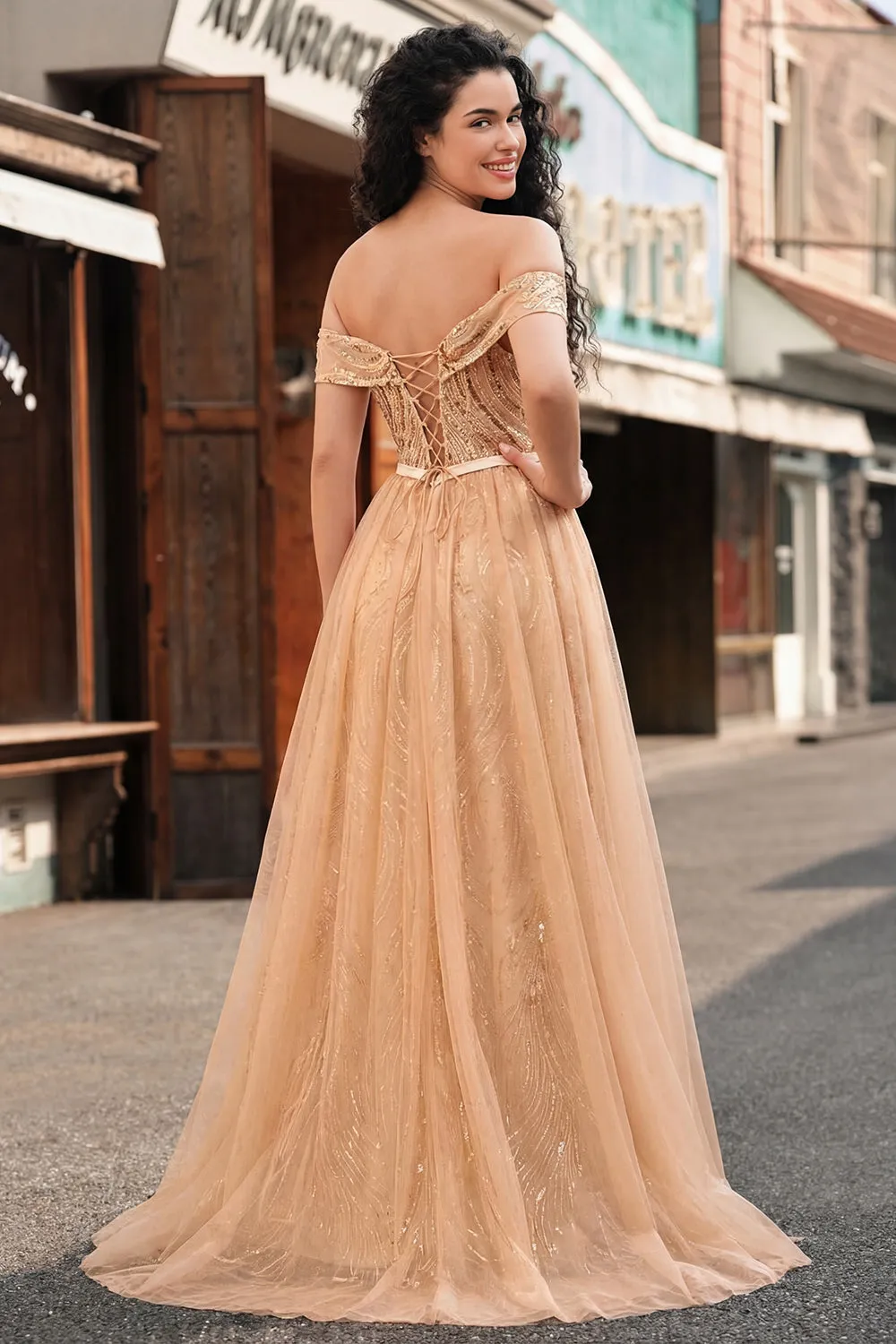 Champagne Off the Shoulder Sequin Mermaid Long Prom Dress sold by Zapaka product image thumbnail 2