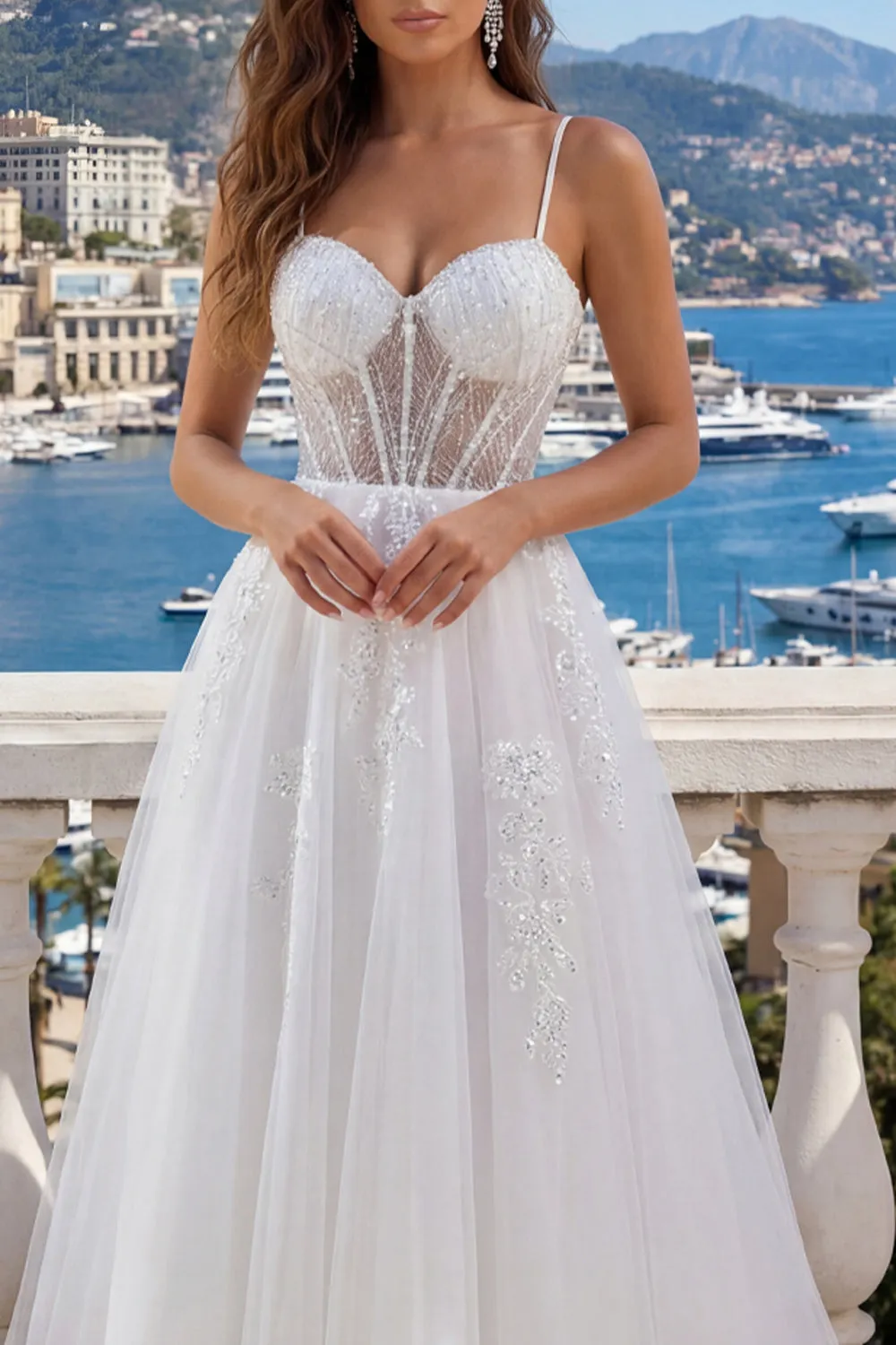 White Spaghetti Straps Corset A Line Appliqued Tulle Wedding Dress sold by Zapaka product image thumbnail 3