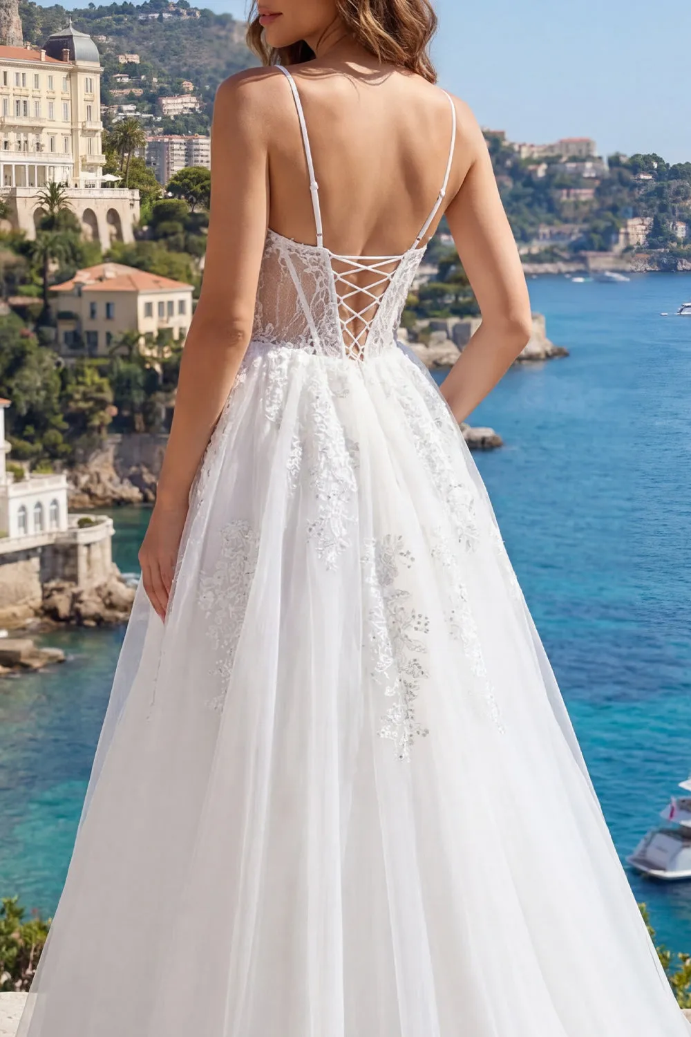 White Spaghetti Straps Corset A Line Appliqued Tulle Wedding Dress sold by Zapaka product image thumbnail 4