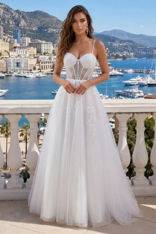 White Spaghetti Straps Corset A Line Appliqued Tulle Wedding Dress made by Zapaka