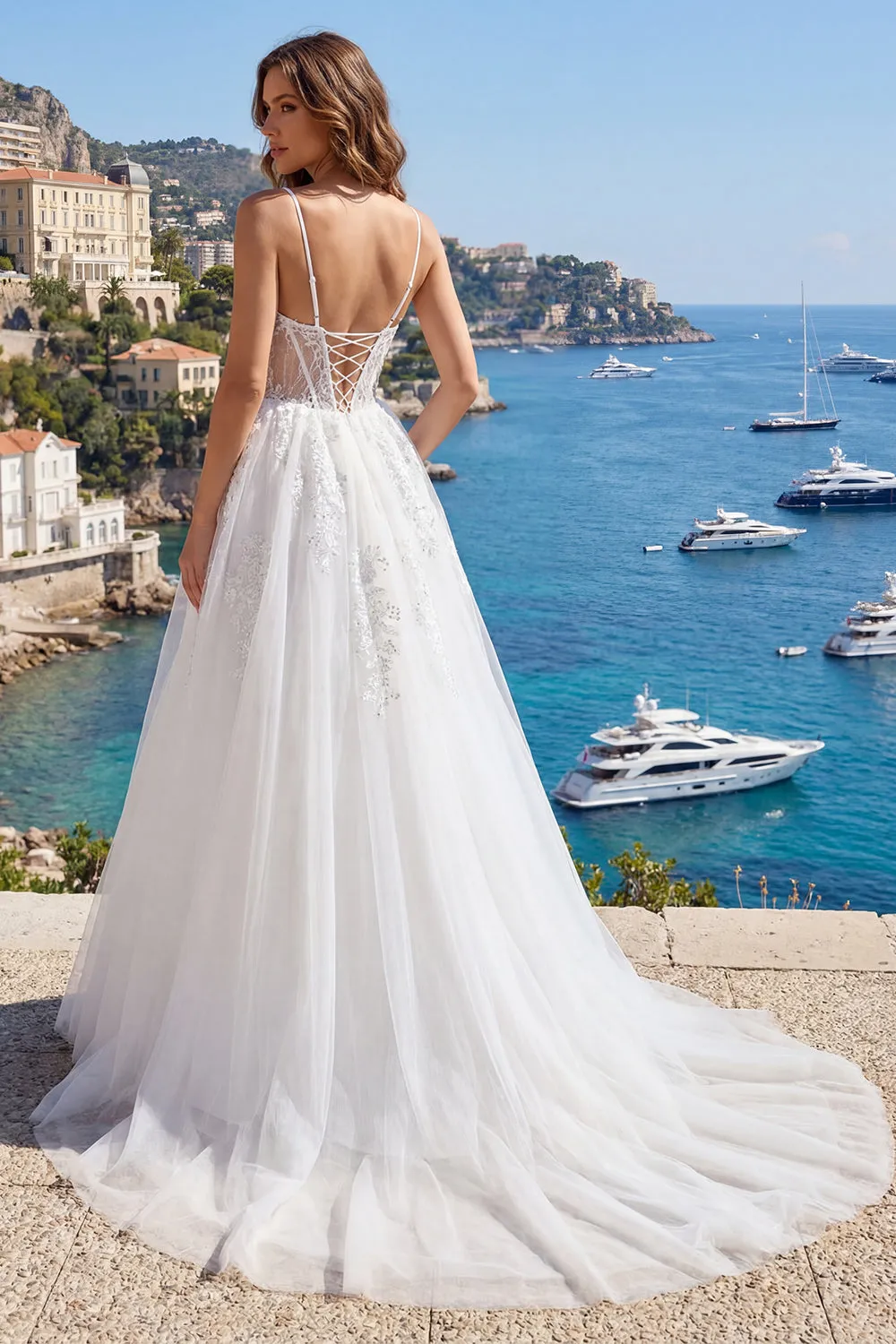 White Spaghetti Straps Corset A Line Appliqued Tulle Wedding Dress sold by Zapaka product image thumbnail 2