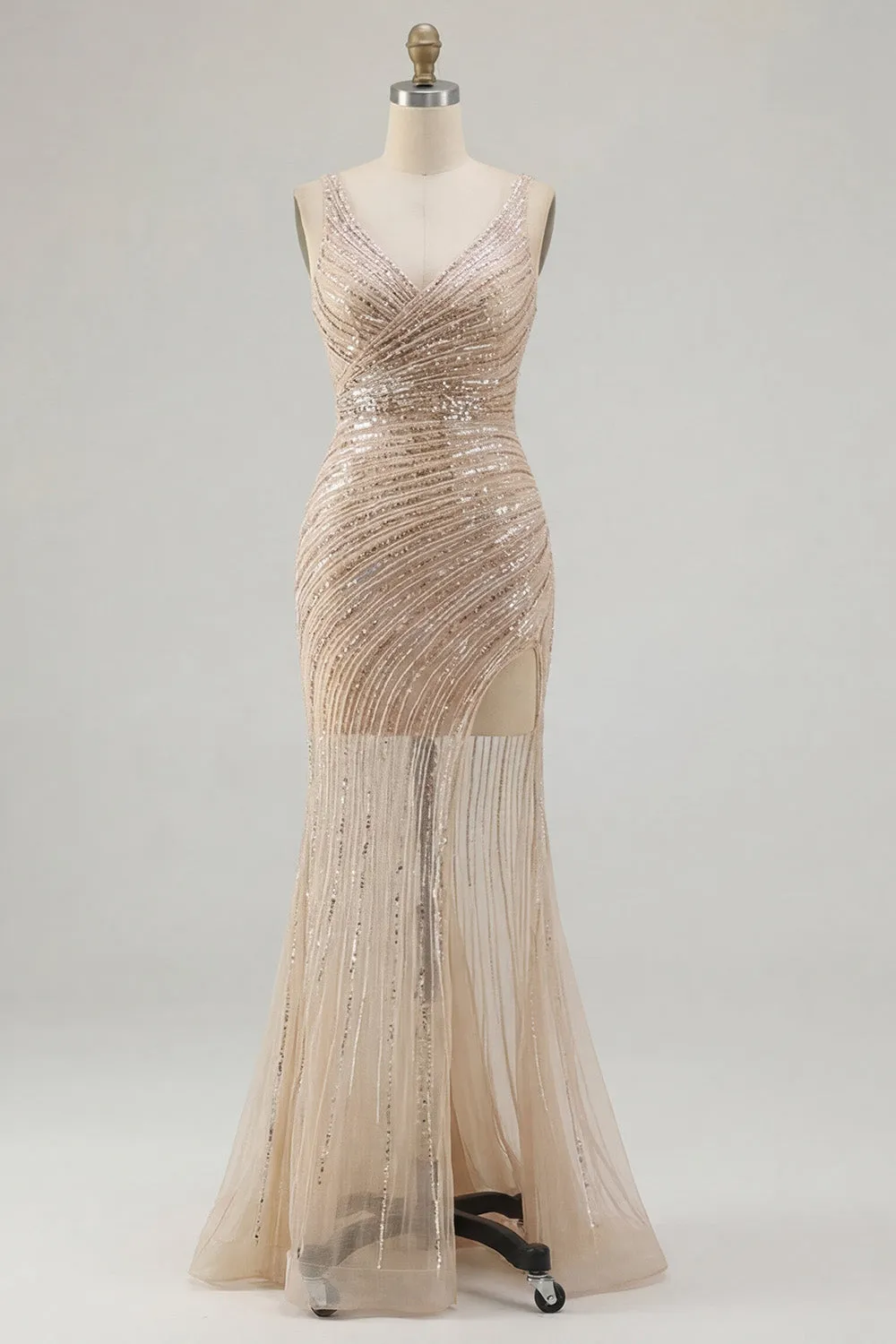Gold V-Neck Mermaid Sequin Prom Dress with Slit sold by Zapaka product image thumbnail 5