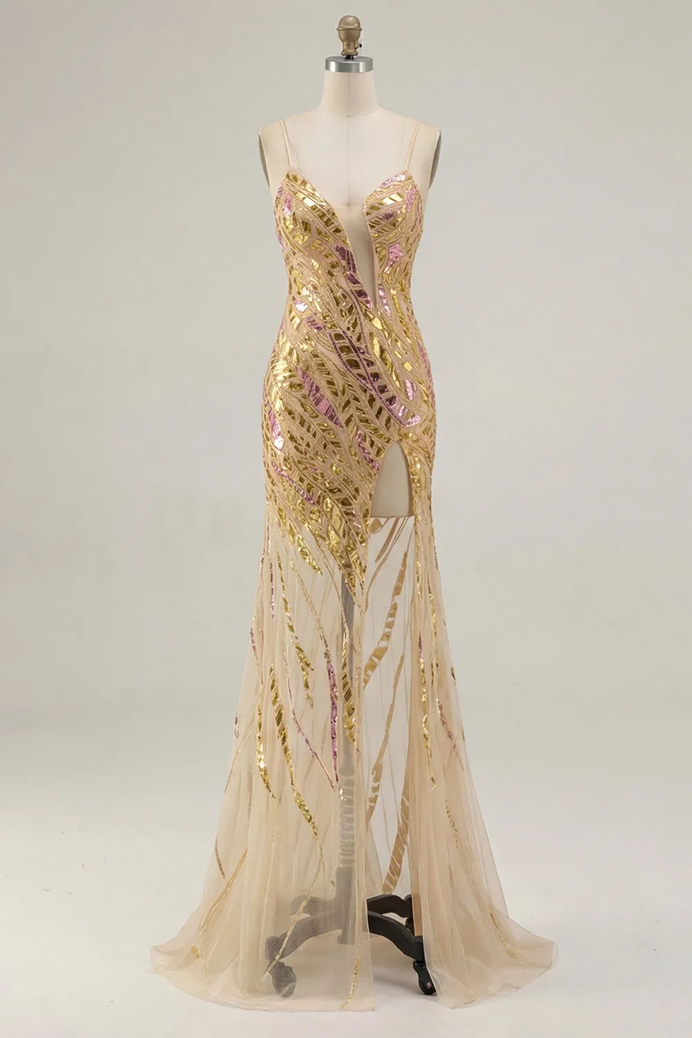 Sparkly Gold Spaghetti Straps Mermaid Prom Dress with Slit sold by Zapaka product image thumbnail 5