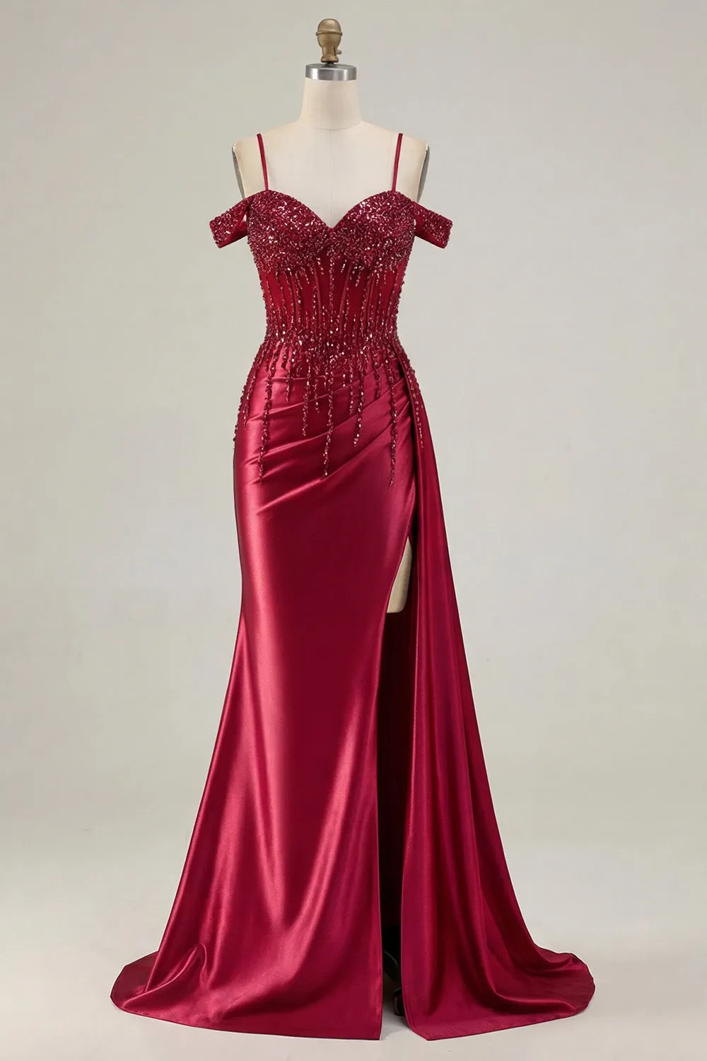 Burgundy Cold Shoulder Sequin Mermaid Long Prom Dress with Slit sold by Zapaka product image thumbnail 5