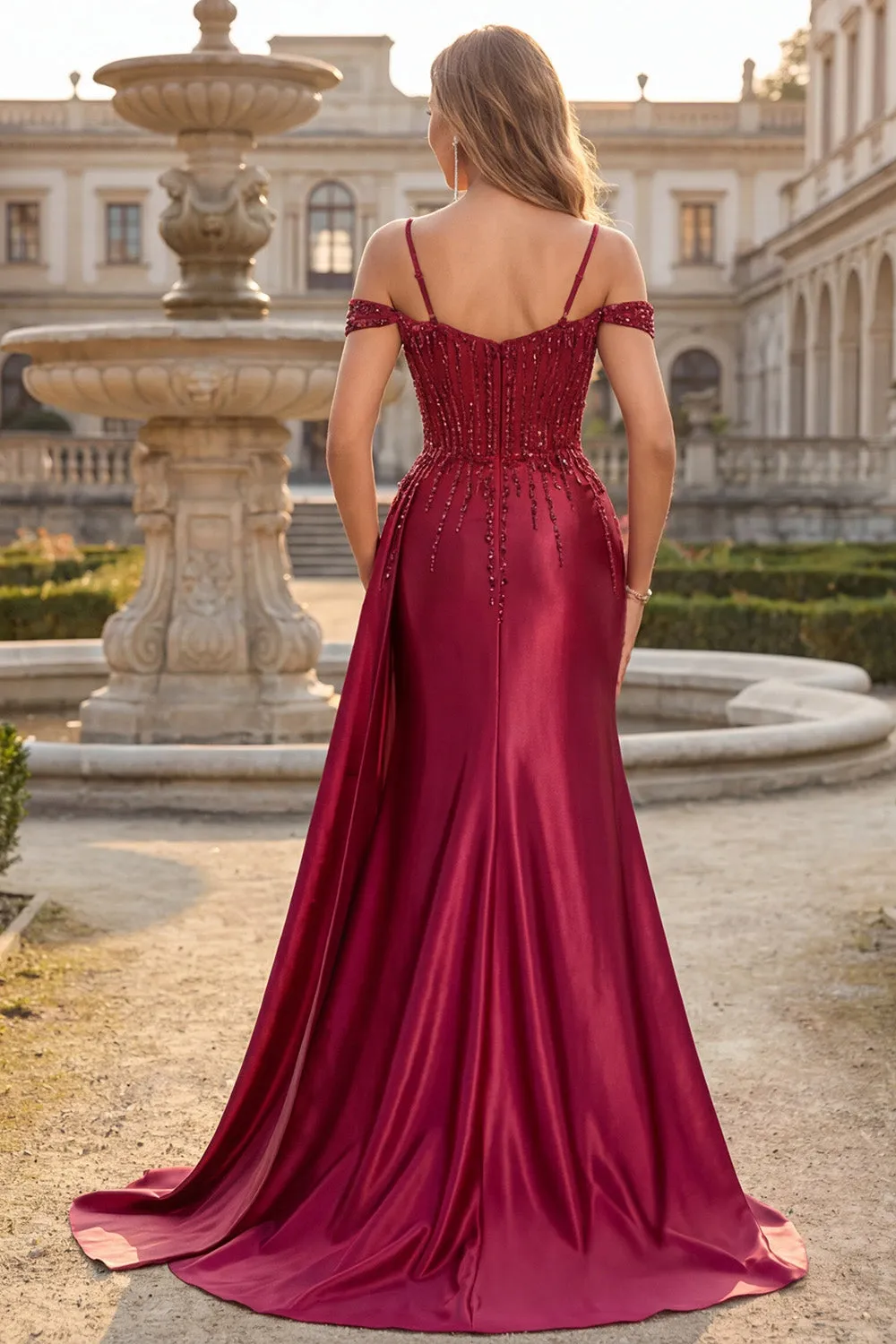 Burgundy Cold Shoulder Sequin Mermaid Long Prom Dress with Slit sold by Zapaka product image thumbnail 2
