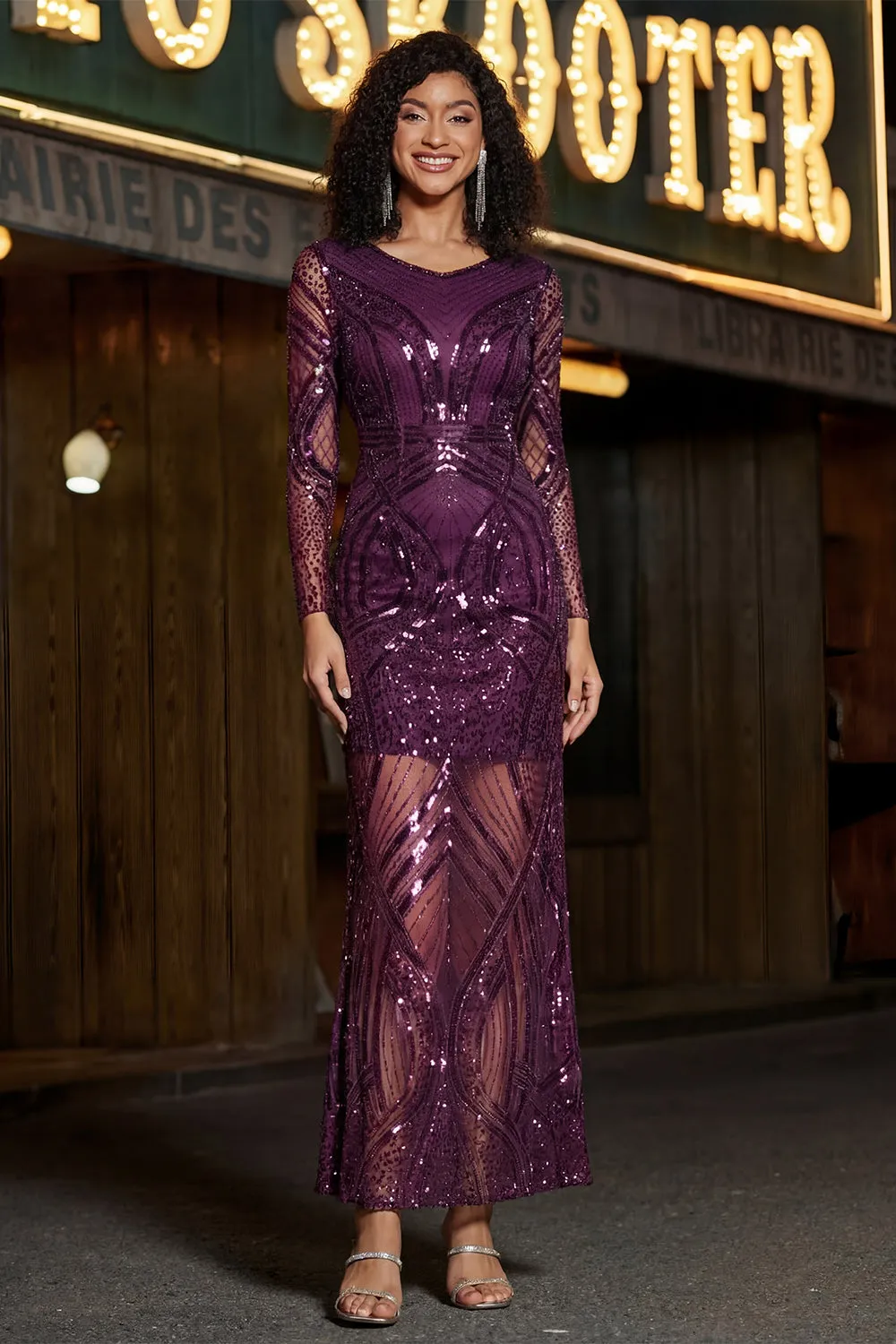 Purple V-Neck Sheath Sequin Long Sleeve Prom Dress sold by Zapaka