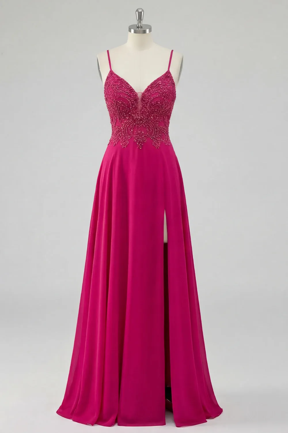 Rose A Line Lace Up Back Spaghetti Straps Long Prom Dress with Slit sold by Zapaka product image thumbnail 5