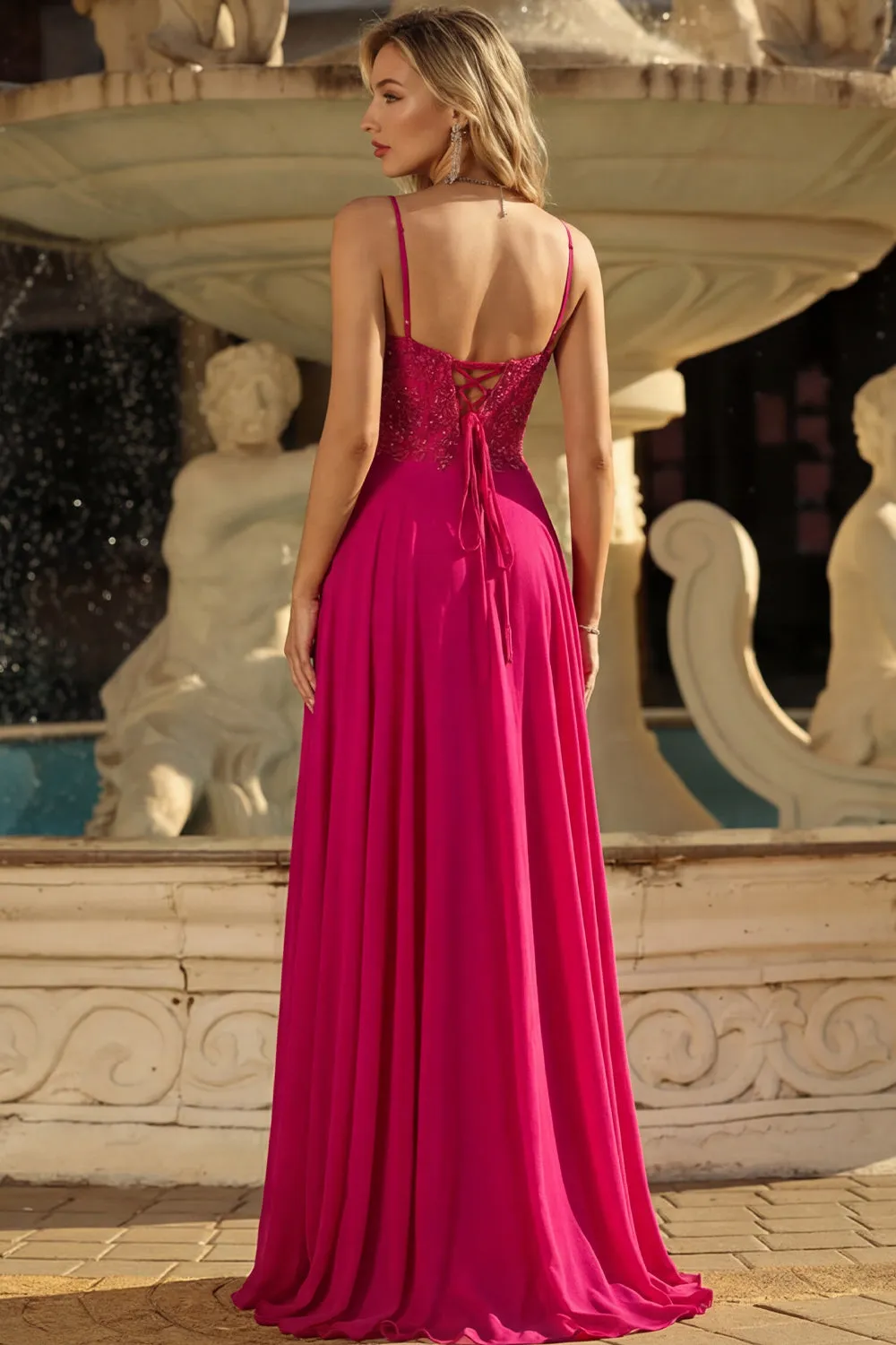 Rose A Line Lace Up Back Spaghetti Straps Long Prom Dress with Slit sold by Zapaka product image thumbnail 2