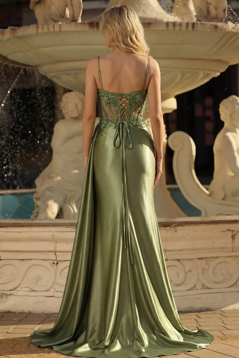 Mermaid Grass Green Beaded Sheer Corset Long Prom Dress with Slit sold by Zapaka product image thumbnail 2