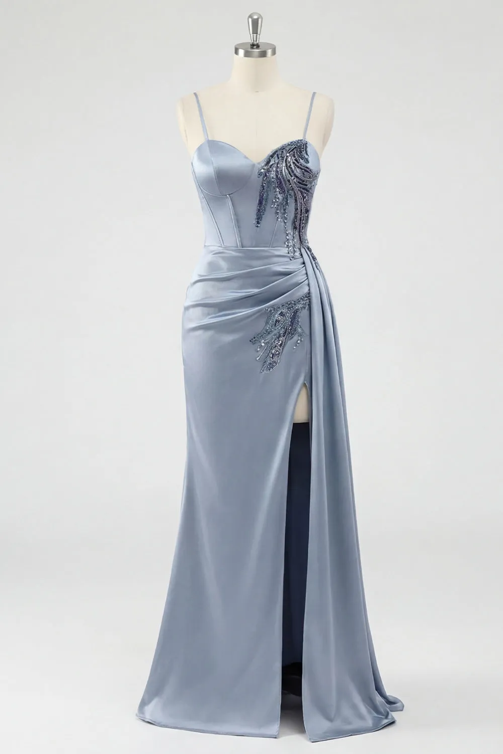 Dusty Blue Corset Mermaid Lace Up Back Long Prom Dress with Slit sold by Zapaka product image thumbnail 5