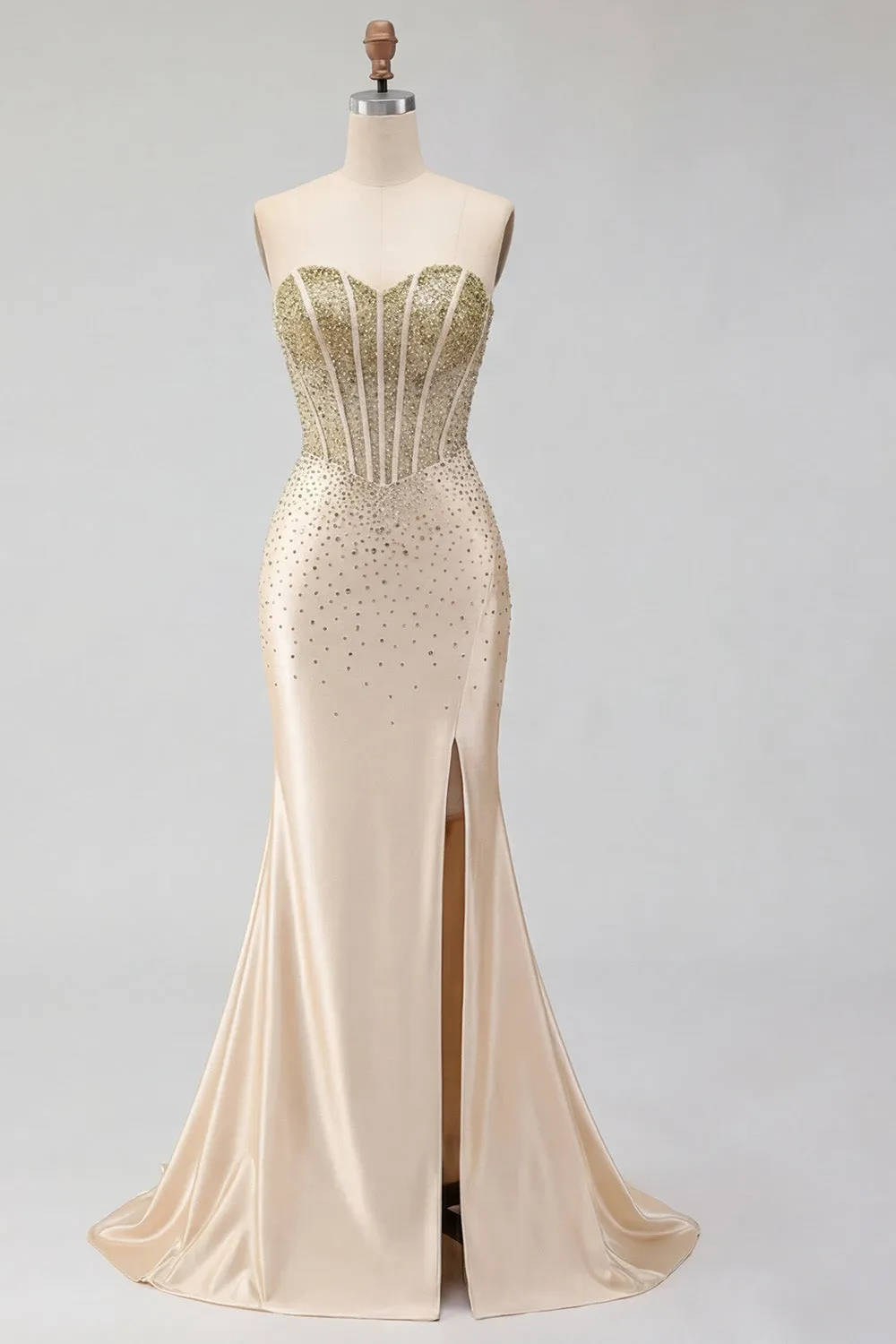 Sweetheart Champagne Beaded Mermaid Corset Long Prom Dress with Slit sold by Zapaka product image thumbnail 5