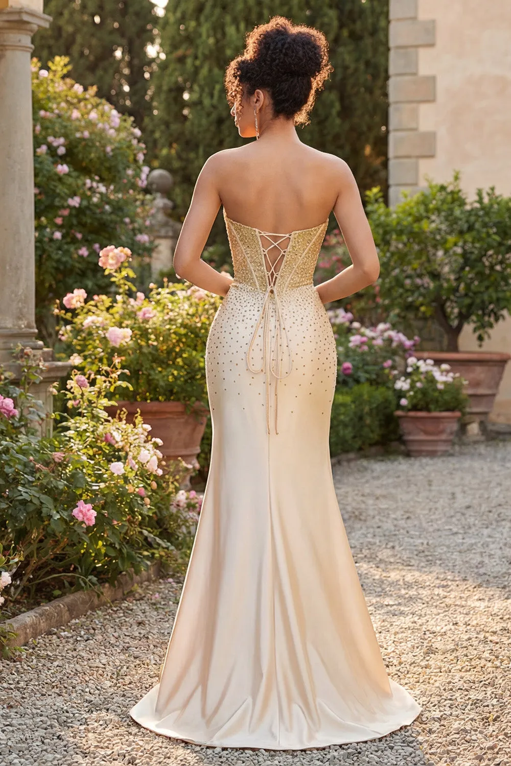 Sweetheart Champagne Beaded Mermaid Corset Long Prom Dress with Slit sold by Zapaka product image thumbnail 2