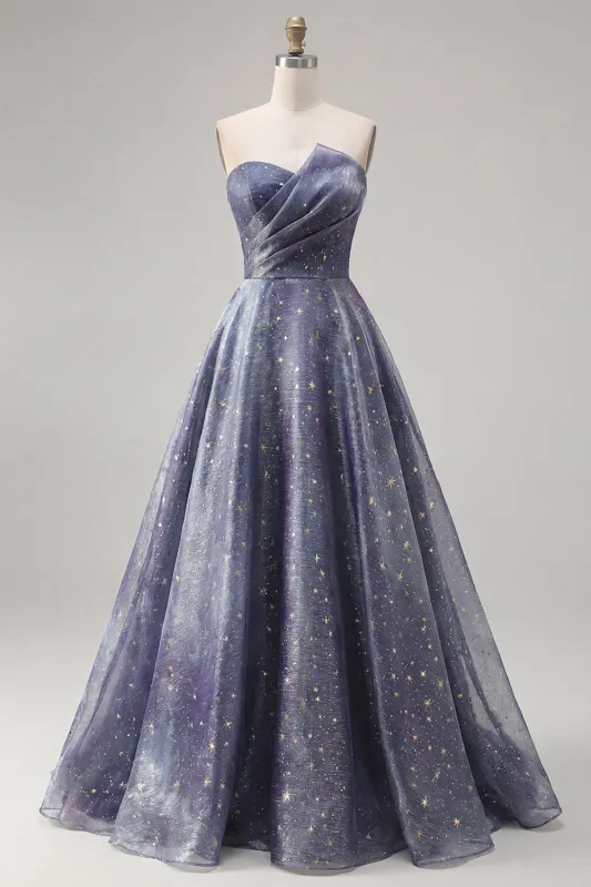 Strapless A Line Starry Ruched Long Prom Dress made by Zapaka