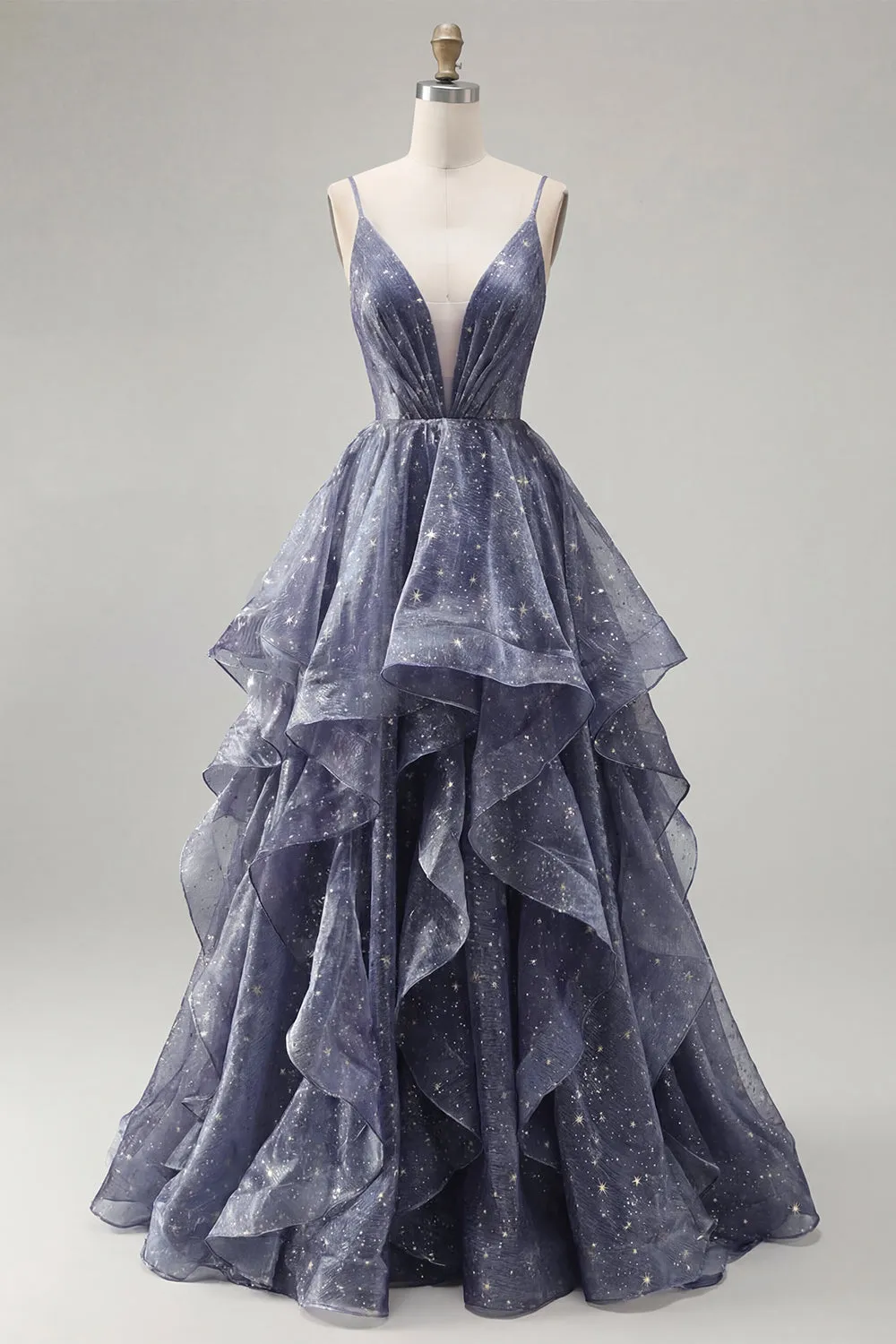 Starry Dusty Blue A Line Tiered Ruffle Long Prom Dress sold by Zapaka