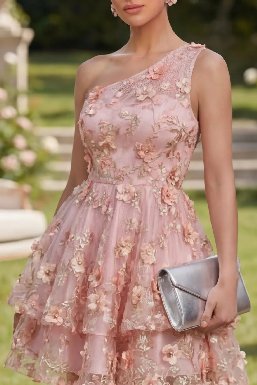 One Shoulder Pink Orange A-Line Tulle Appliqued Beaded Mini Floral Dress sold by Zapaka product image thumbnail 3