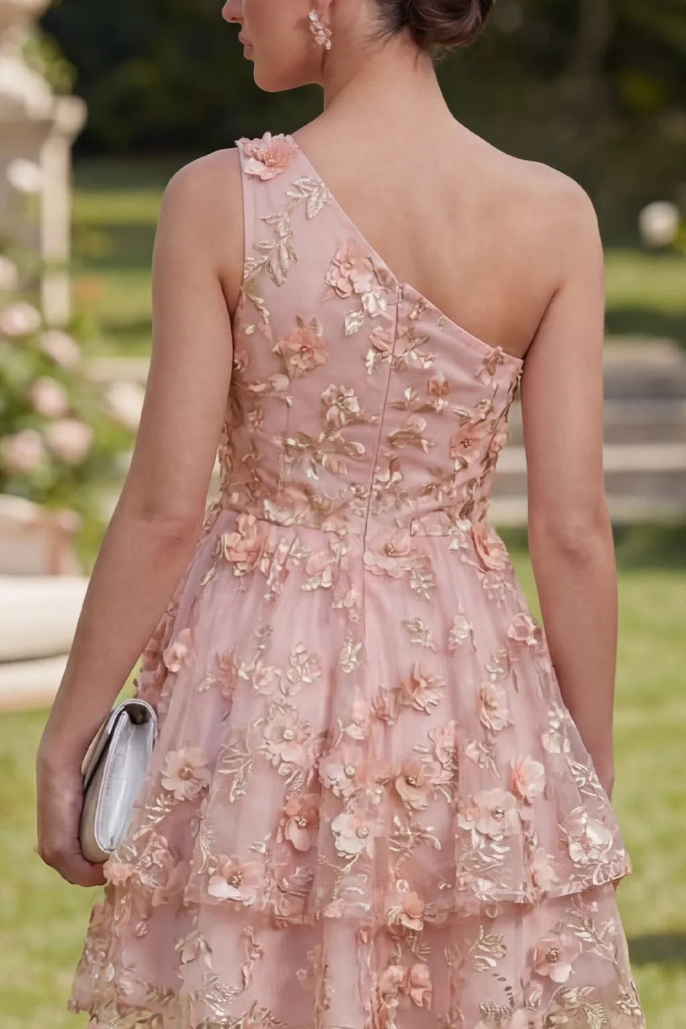 One Shoulder Pink Orange A-Line Tulle Appliqued Beaded Mini Floral Dress sold by Zapaka product image thumbnail 4