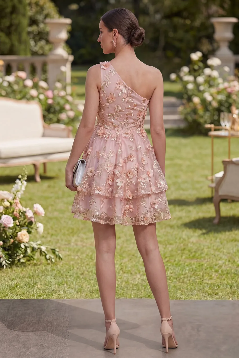 One Shoulder Pink Orange A-Line Tulle Appliqued Beaded Mini Floral Dress sold by Zapaka product image thumbnail 2