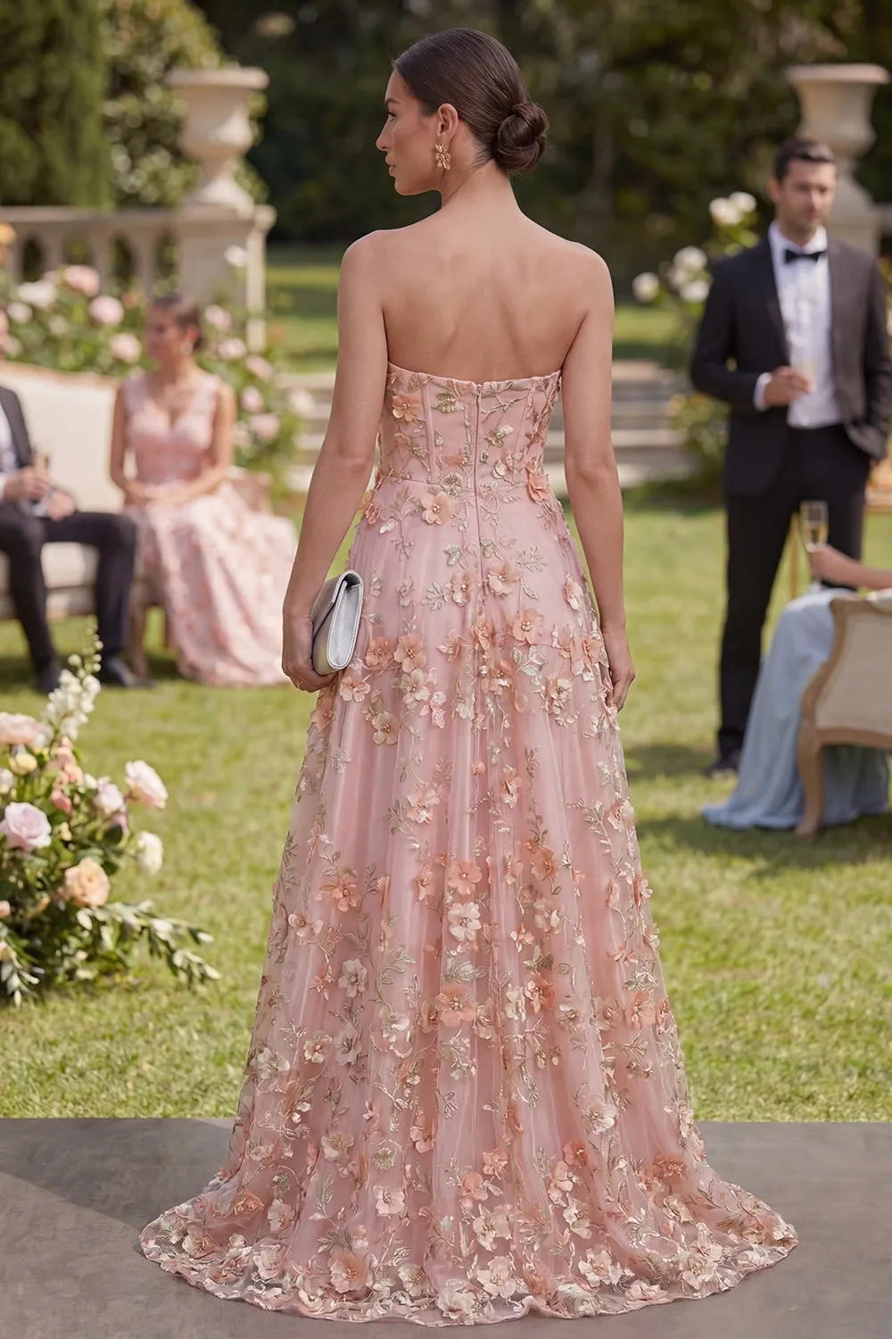 Sweetheart Pink Orange A-Line Tulle Appliqued Beaded Long Floral Dress with Slit sold by Zapaka product image thumbnail 2