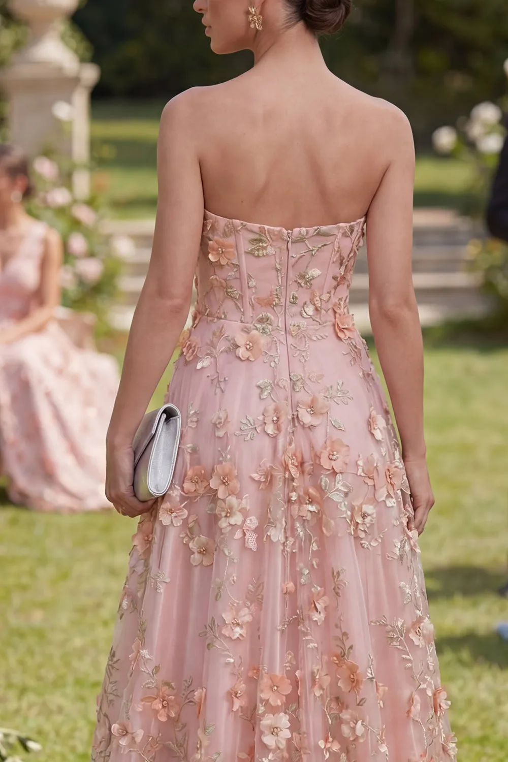 Sweetheart Pink Orange A-Line Tulle Appliqued Beaded Long Floral Dress with Slit sold by Zapaka product image thumbnail 4