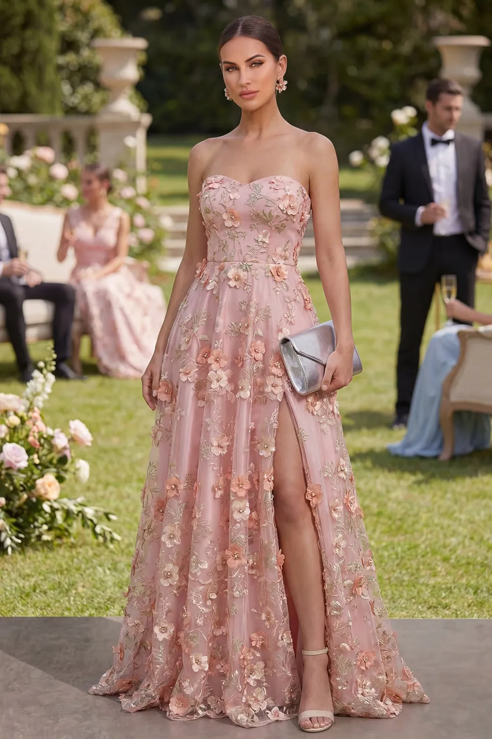 Sweetheart Pink Orange A-Line Tulle Appliqued Beaded Long Floral Dress with Slit sold by Zapaka