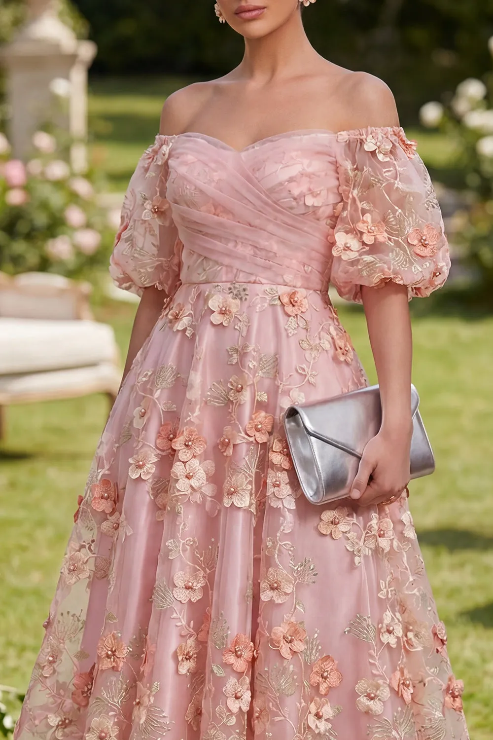 Pink Orange Off the Shoulder A-Line Tulle Appliqued Beaded Ruched Midi Floral Dress sold by Zapaka product image thumbnail 3