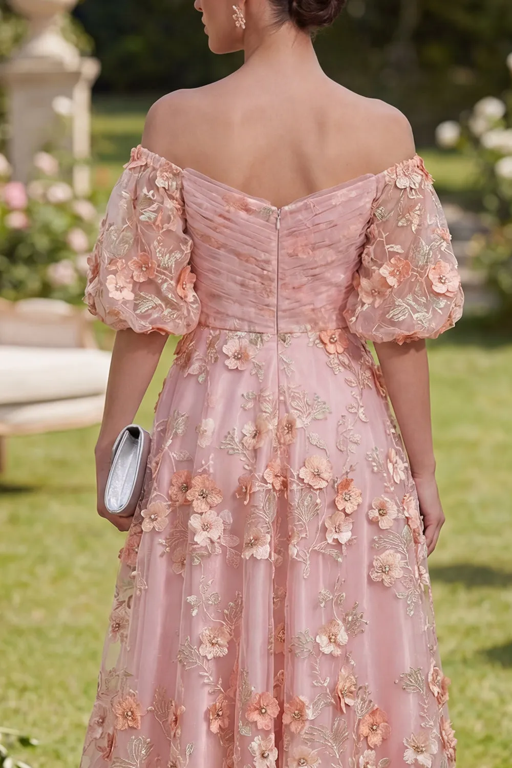 Pink Orange Off the Shoulder A-Line Tulle Appliqued Beaded Ruched Midi Floral Dress sold by Zapaka product image thumbnail 4