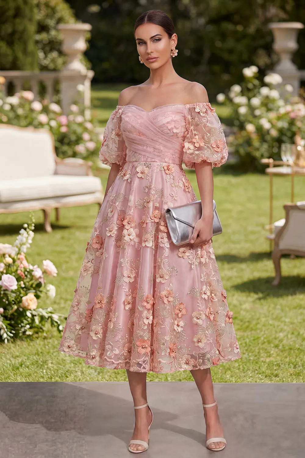 Pink Orange Off the Shoulder A-Line Tulle Appliqued Beaded Ruched Midi Floral Dress sold by Zapaka
