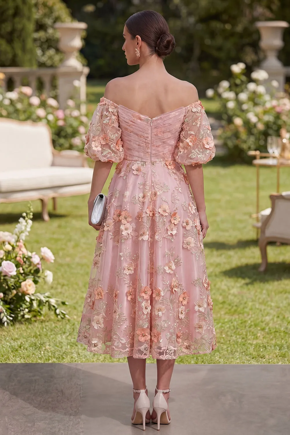 Pink Orange Off the Shoulder A-Line Tulle Appliqued Beaded Ruched Midi Floral Dress sold by Zapaka product image thumbnail 2