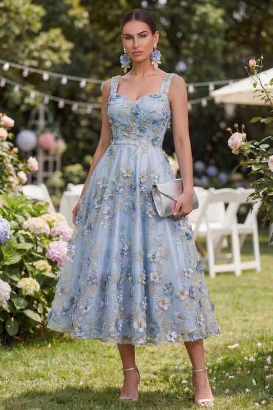 Blue A-Line Tulle Appliqued Beaded Ruched Midi Floral Dress made by Zapaka