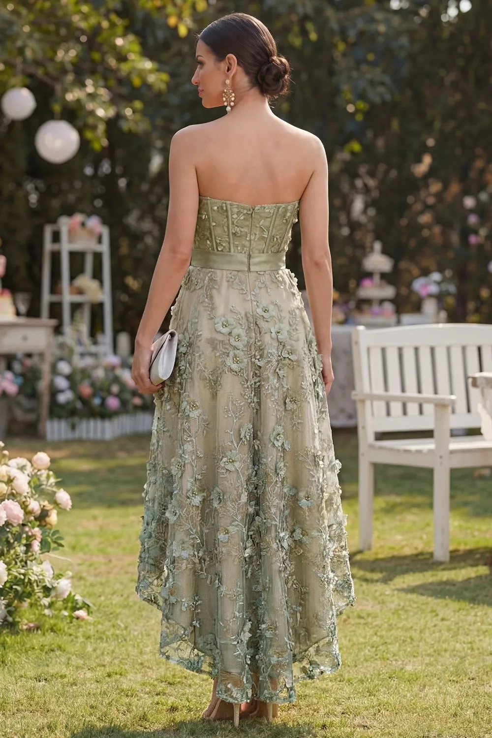 Dusty Green A-Line Tulle Appliqued Beaded Corset Midi Floral Dress sold by Zapaka product image thumbnail 2