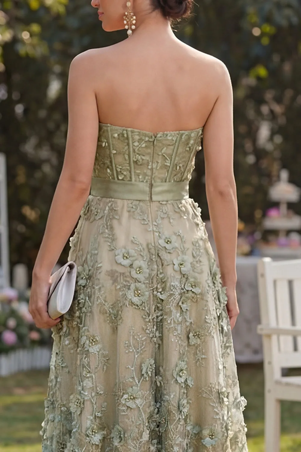 Dusty Green A-Line Tulle Appliqued Beaded Corset Midi Floral Dress sold by Zapaka product image thumbnail 4