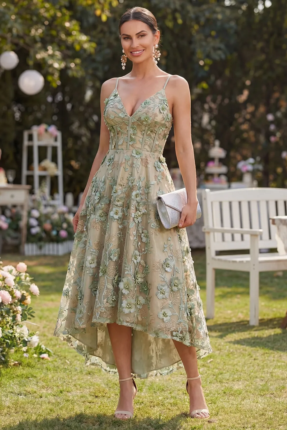 Dusty Green A-Line Tulle Appliqued Beaded Corset Midi Floral Dress sold by Zapaka
