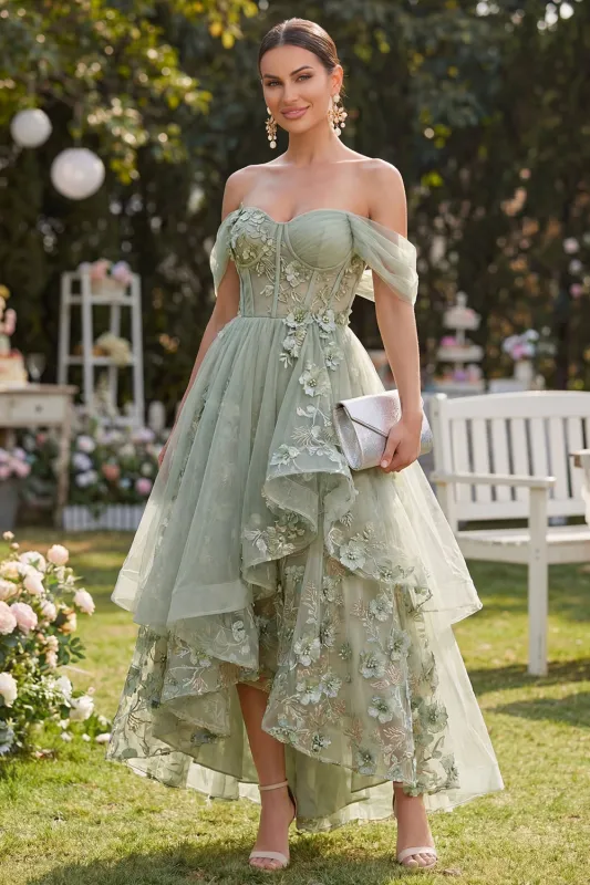 Off the Shoulder Organza Dusty Green A-Line Appliqued Corset Midi Floral Dress made by Zapaka