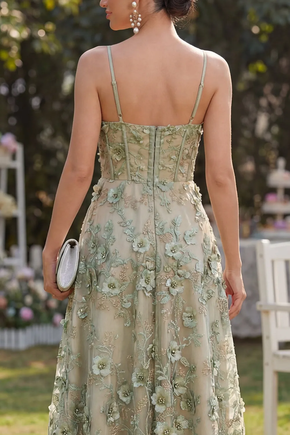 Tulle Dusty Green A-Line Appliqued Corset Beaded Midi Floral Dress sold by Zapaka product image thumbnail 4
