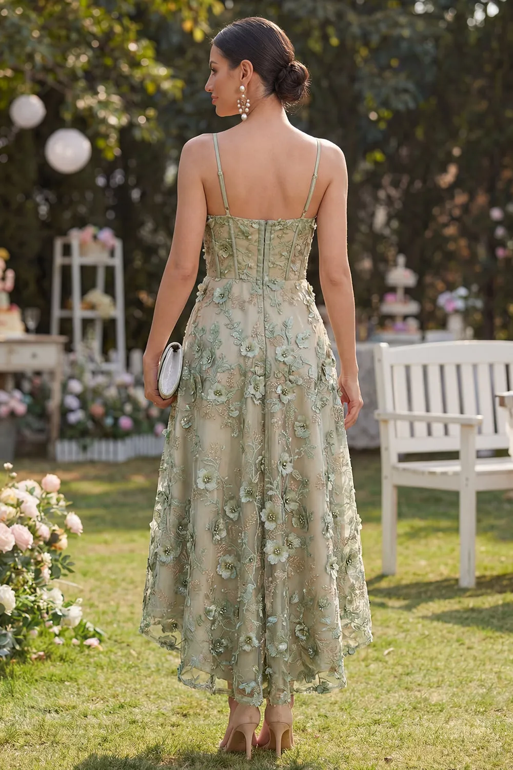 Tulle Dusty Green A-Line Appliqued Corset Beaded Midi Floral Dress sold by Zapaka product image thumbnail 2