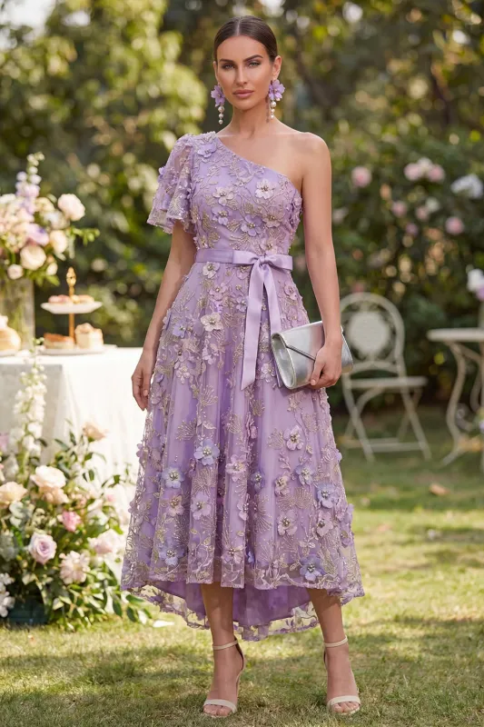 Tulle Lilac A-Line One Shoulder Appliqued Beaded Midi Floral Dress with Bow made by Zapaka