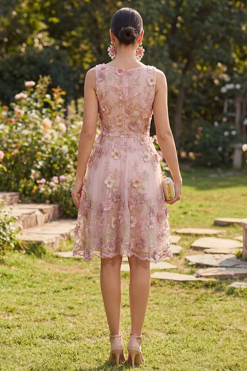 A-Line Tulle Pink Fuchsia Round Neck Appliqued Floral Midi Dress sold by Zapaka product image thumbnail 2