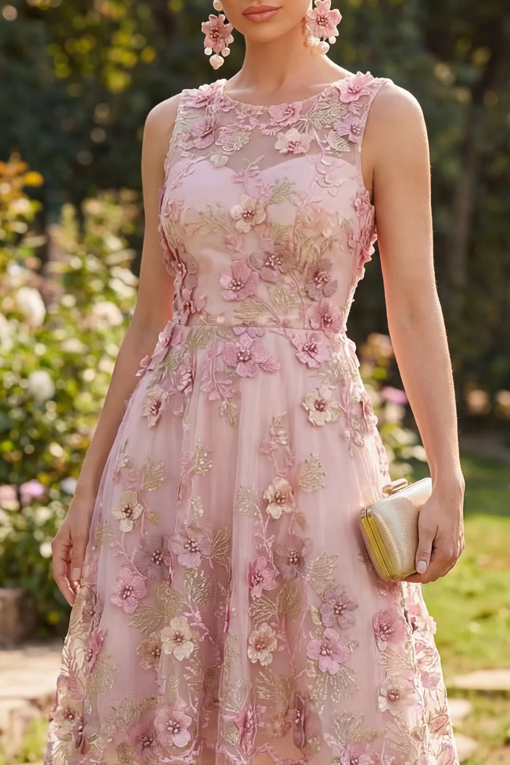 A-Line Tulle Pink Fuchsia Round Neck Appliqued Floral Midi Dress sold by Zapaka product image thumbnail 3