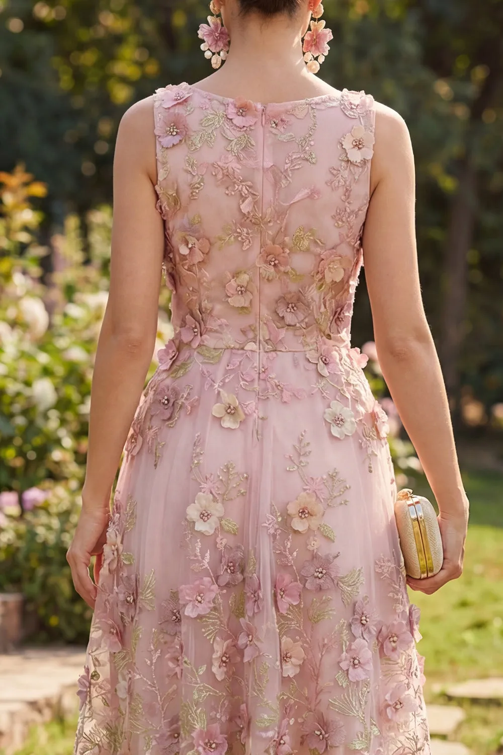 A-Line Tulle Pink Fuchsia Round Neck Appliqued Floral Midi Dress sold by Zapaka product image thumbnail 4