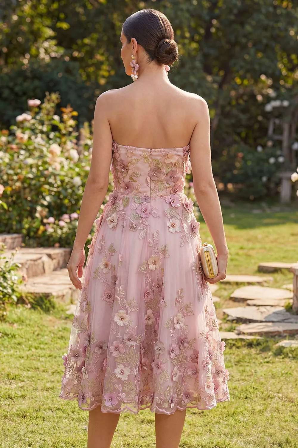A-Line Tulle Sweetheart Pink Fuchsia Appliqued Floral Midi Dress sold by Zapaka product image thumbnail 2